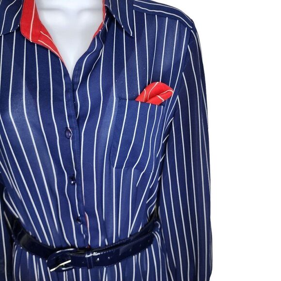 Vintage 1970s Belted Shirt Dress Womens Size M Blue Pinstripes Red Mob Accent - Picture 2 of 6